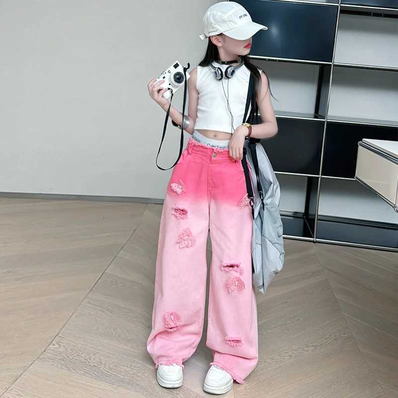 Youth Fashion Jeans Summer Girls Breakthrough 3D Butterfly Hanging Dyed Pants Personalized Loose Wide Leg Pants Fashion Trend 8TT250326