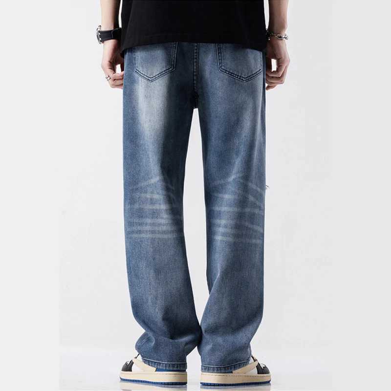 Fashionable retro jeans mens streetwear ripped loose hip-hop hole Trouser casual straight mens clothing wide jeansT250319