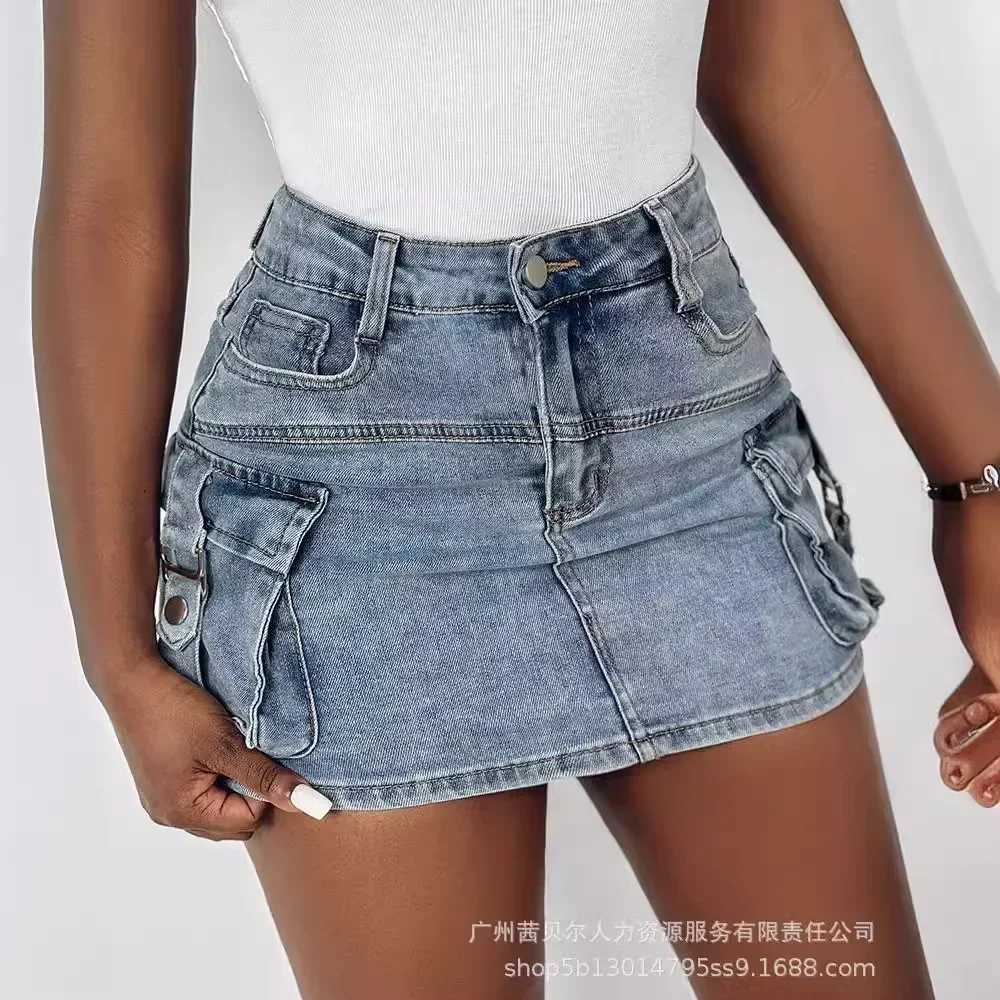 Cowboy Tight Womens Short Jeans Y2k Cargo Tight Hip Bag Ele Splicing Skiing Casual Pocket Button Streetwear Sexy Summer 2024XJ250320