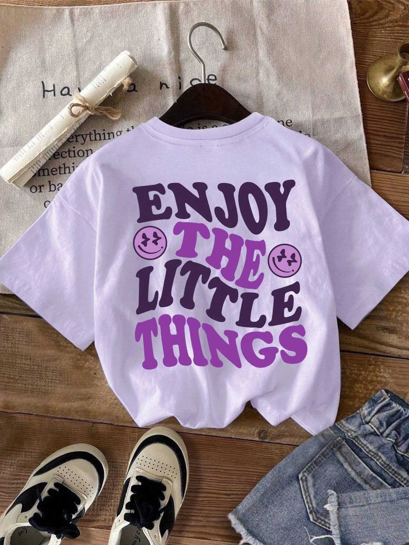 Girls casual simple letter back printed T-shirt Kawaii cotton summer T-shirt Y2k Harajuku style childrens clothing top fully matched classicT250320