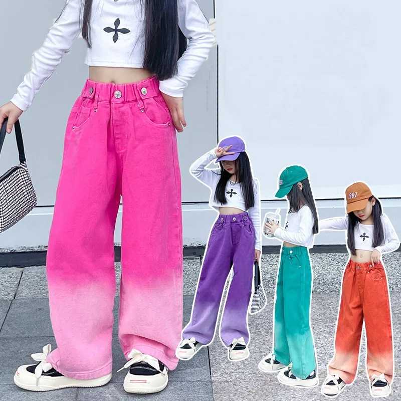 Girls jeans candy color fashion gradient wide leg pants childrens clothing spring and autumn youth cotton street clothing TrousersT2502320
