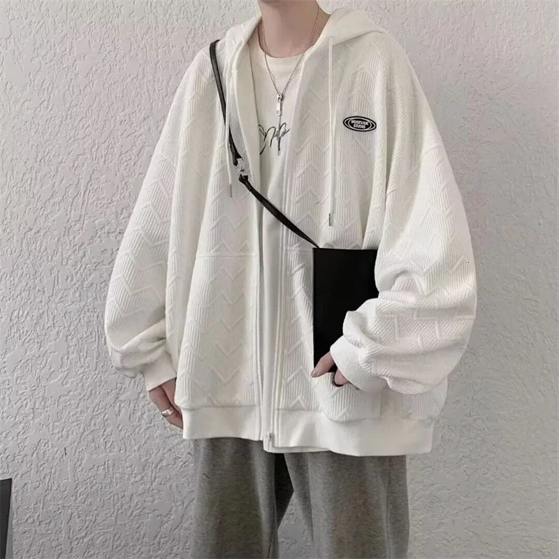 Mens autumn jacquard zipper hooded sweatshirt Korean fashion street cardigan casual oversized Y2K retro jacket 250320Z
