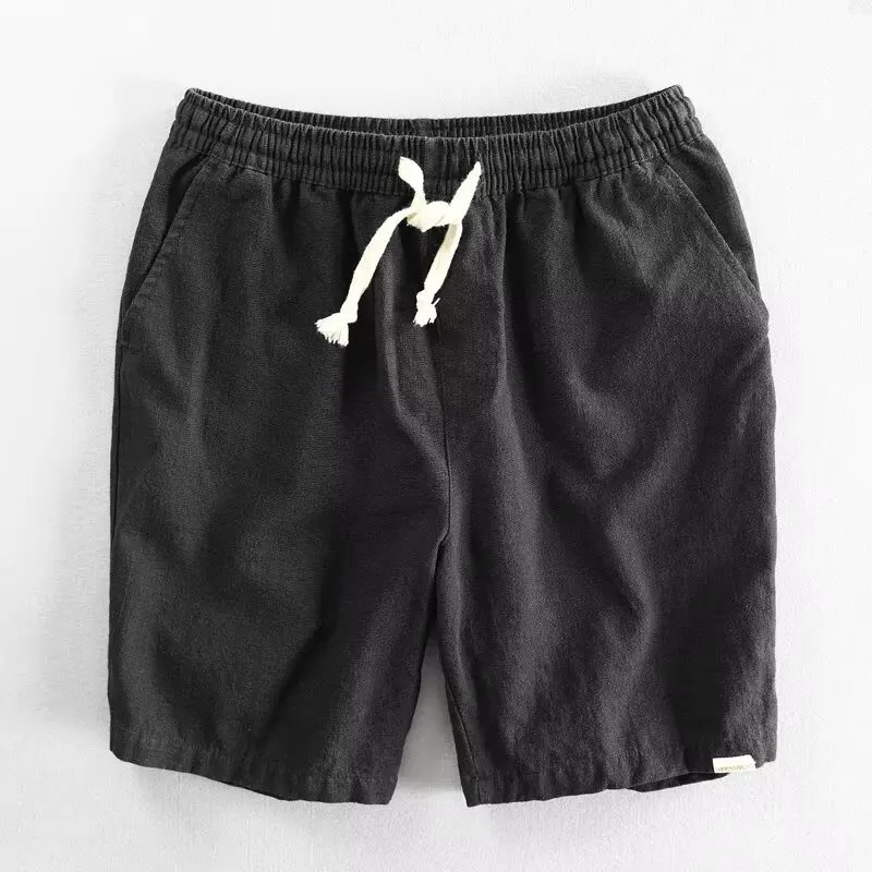 2025 Summer Men Casual Cotton Linen Shorts Knee Length Beach Elastic Waist Shorts Solid Color Comfortable Pants 250320