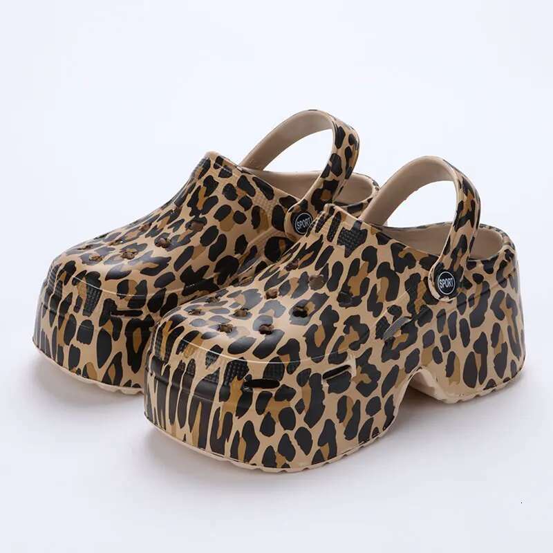 Wedge Heels Leopard Thick Bottom Clogs For Women Closed Toe Chunky Platform Sandals Woman Summer Super High Wedge Heel Slippers Female