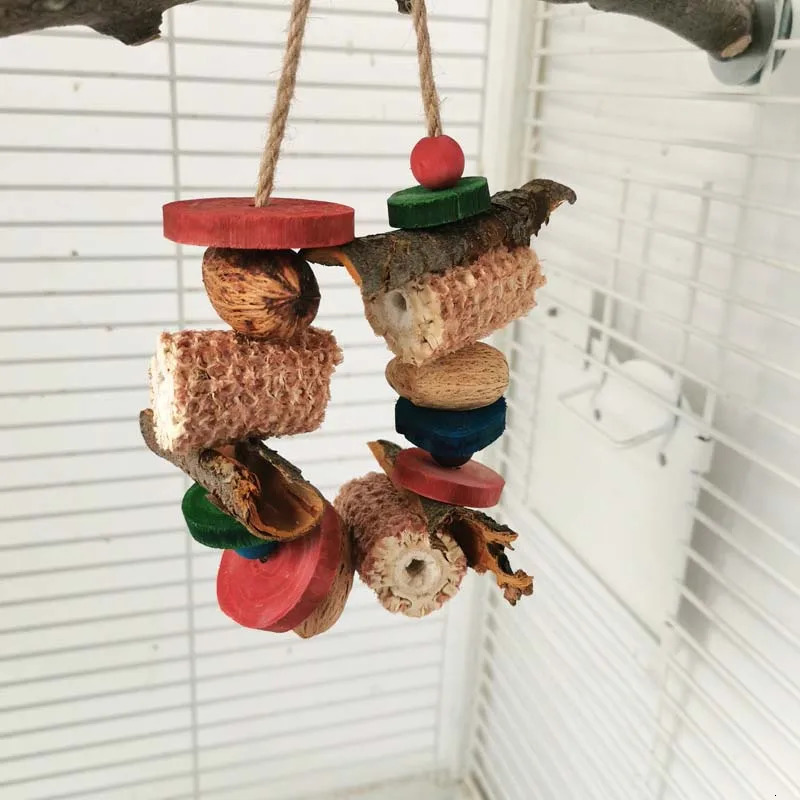 Bird parrot chewing toy natural corn Cob loose original wood bark fruit combination birdcage hanging decoration pet supplies 250320