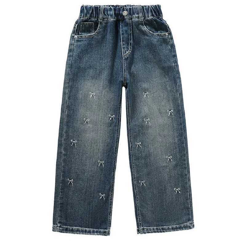 Girls Bow Jeans Spring Childrens Elastic Straight Jeans Autumn Youth Bow Printed Wide Leg Trouser Fashion Elastic PantsT2502320