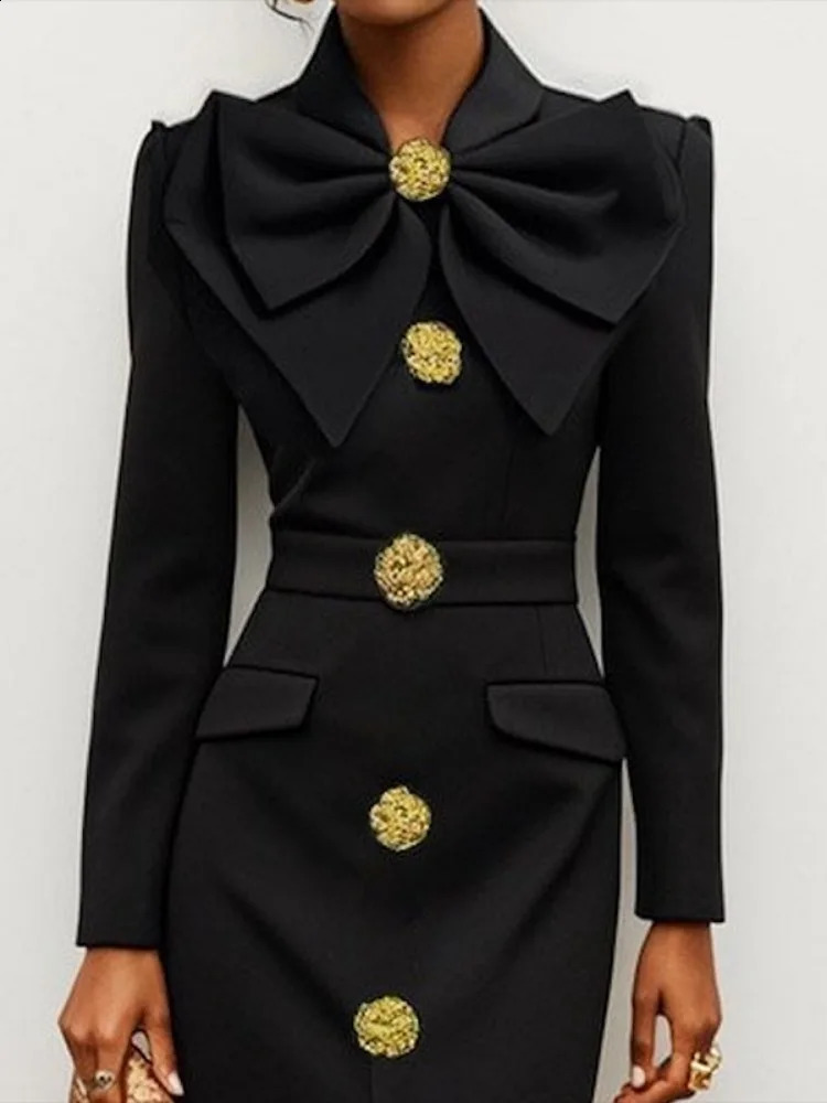 Freeacy Womens Formal Evening Dress Bow Tied Buttoned Long Sleeve Slim Fit Anklelength Female Fashion Party Dresses 250317