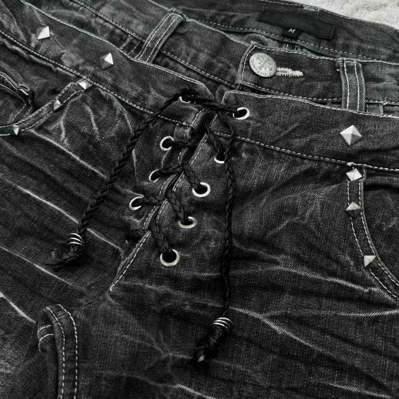 Y2K Washed Jeans Gothic Retro Micro Flared Double Waisted Lace Up Pants Men Women Streetwear High Quality Design Sense TrousersT250319