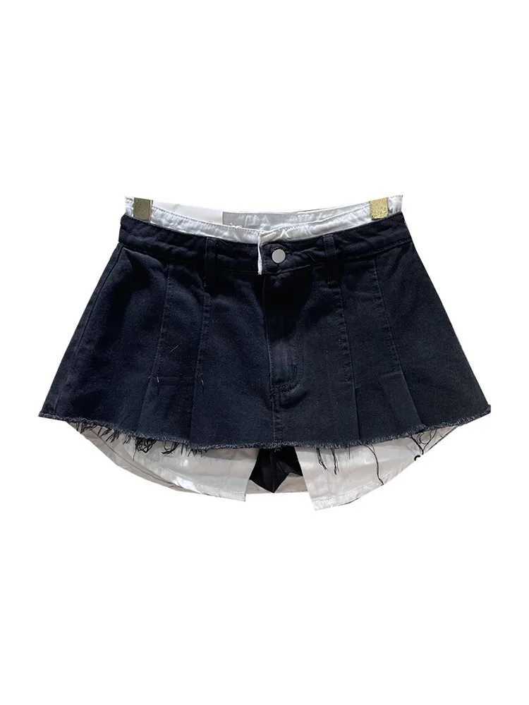 DEAT Trend Contrast Color Patchwork Denim Leather Womens Bottom Burr High Waist Loose Packaging Hip Skiing Fe 2025 Spring New 11XX1592XJ250320