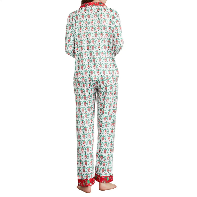 Cartoon Monkey Print Long Sleeve Button Down Blouse Tops with Long Pants Loungewear Womens Summer Casual 2 Piece Set Sleepwear 250319