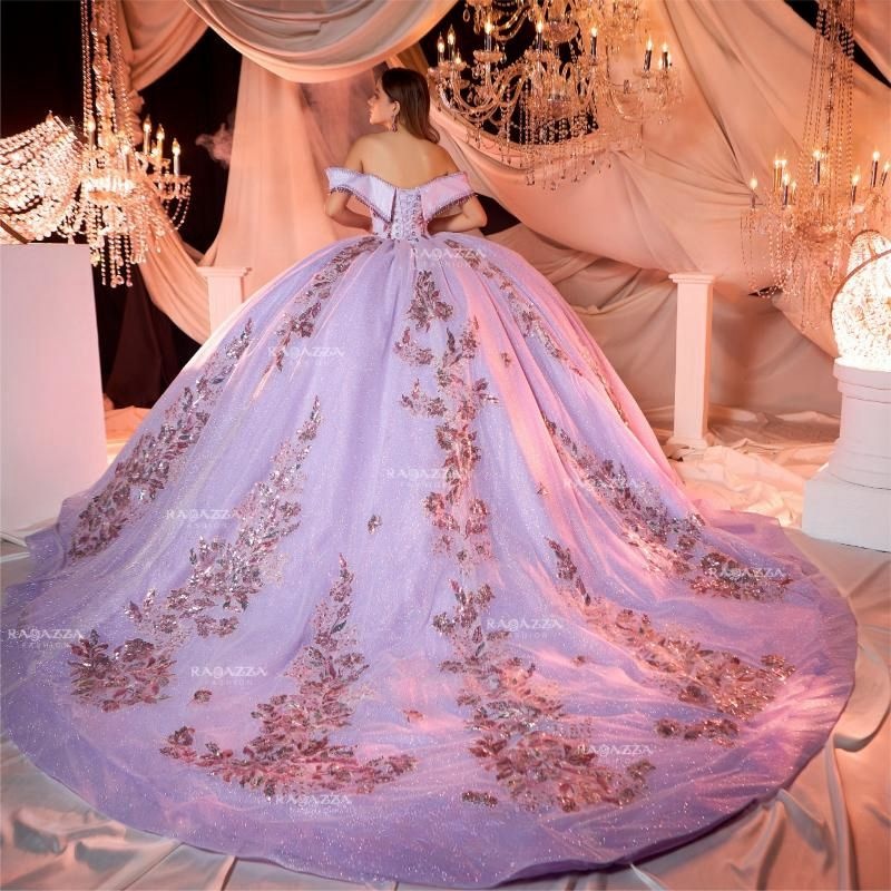 Lilac Gillter Princess Quinceanera Dresses Sequin Applique Lace Beads Crystal Tull Corset Lace-up vestidos de 15 anos Party Birthday Sweet 16 Dress