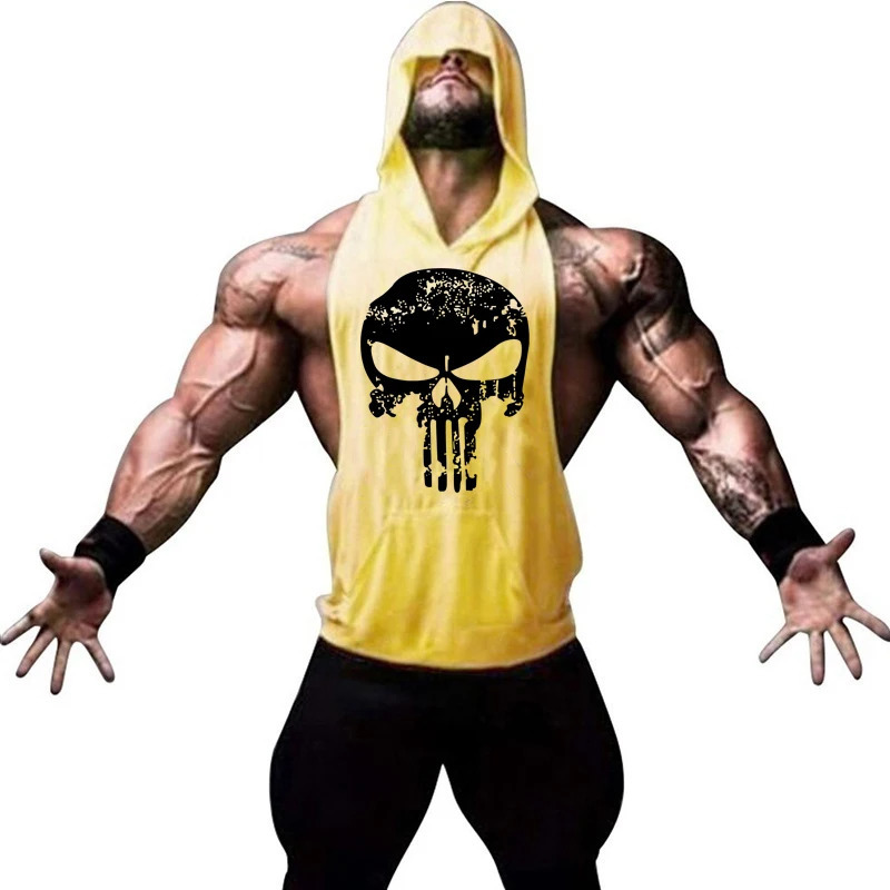 Men Bodybuilding Cotton Skulls Tank Top Gyms Fitness Hooded Vest Sleeveless Shirt Summer Casual Fashion Workout Clothing 250320