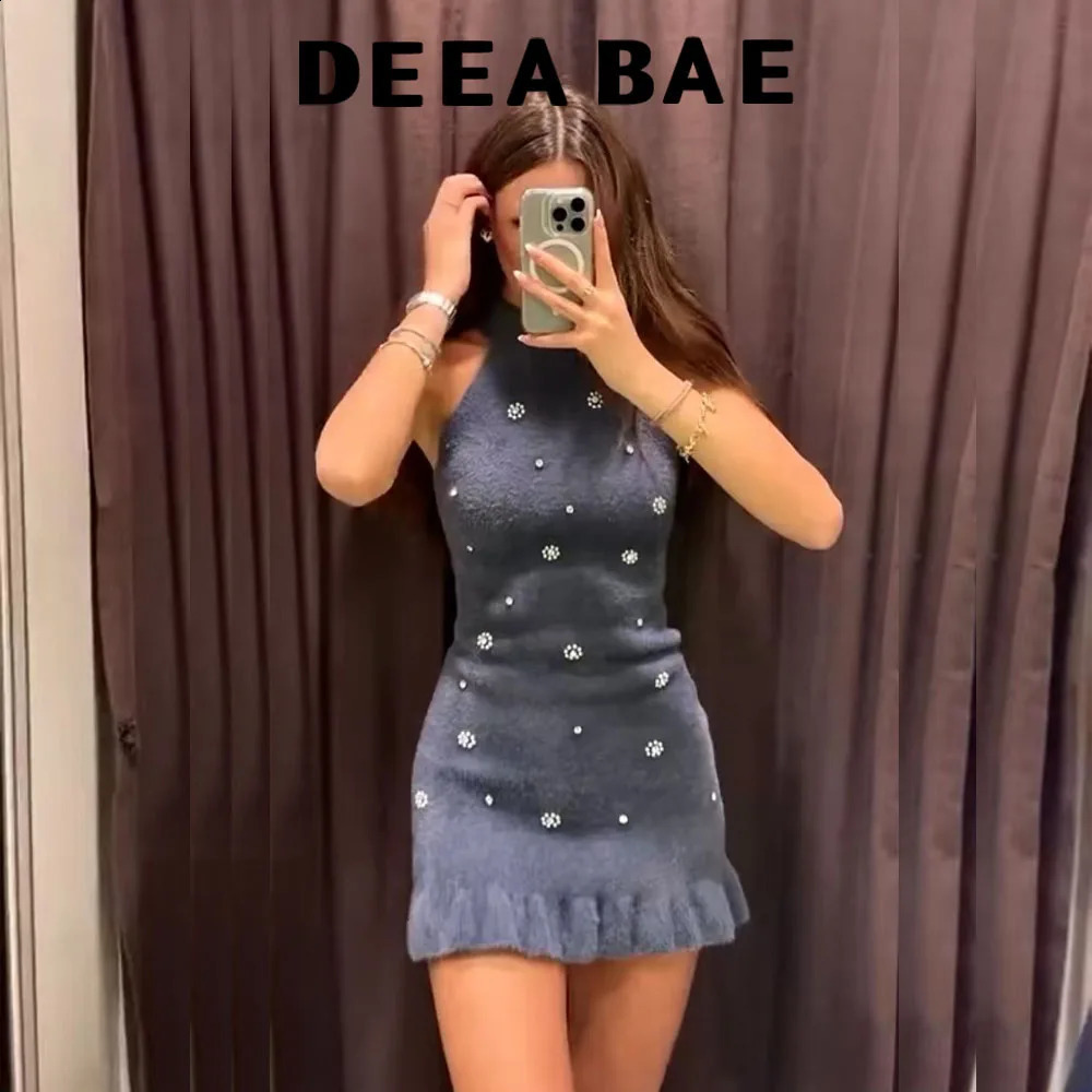 DEEABAE European style winter bead decoration artificial fur effect hanging collar dress 250317