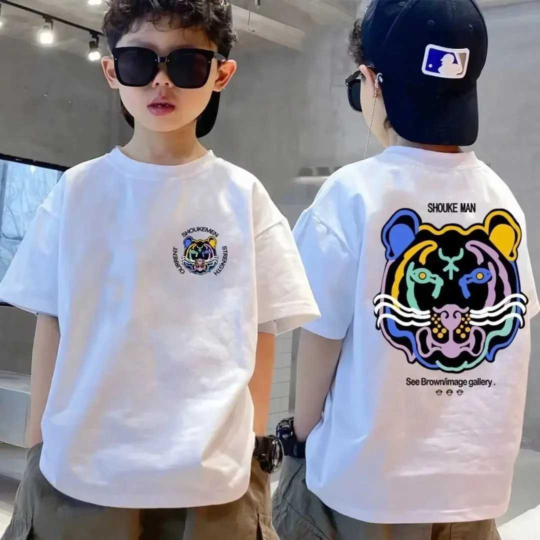 Boys 100% cotton T-shirt summer cartoon graffiti lion print girls T-shirt short sleeved childrens top high-quality childrens clothingT250320