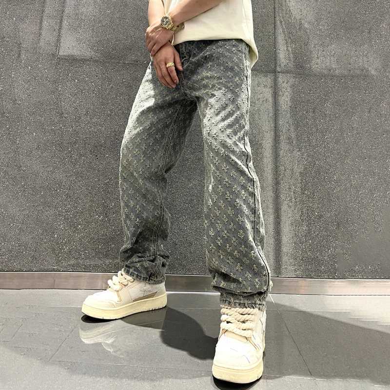 Jacquard pattern denim pants mens straight pocket bottom mens loose jeansT250319