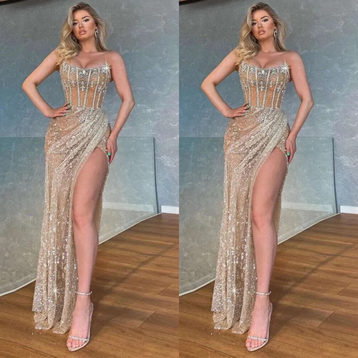 Modern Mermaid Evening Dress Beaded Crystal Sequins Strapless Prom Gowns Sleeveless Lace Formal Dresses Customized High Quality
