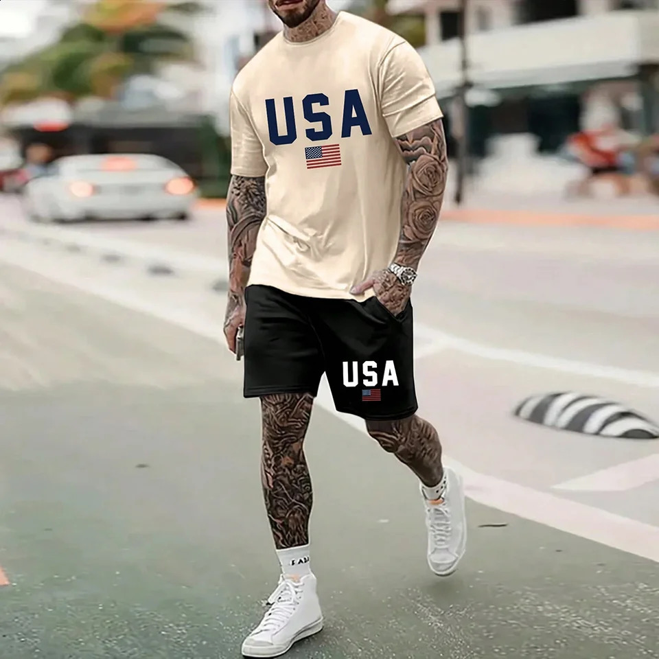 North American Fashion Mens Casual Set with Printed Patterns Lightweight and Breathable Sporty and Lightweight Breathable Sh 250319