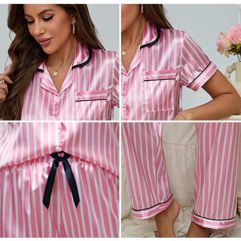 Womens satin striped pajamas summer short sleep top elastic waist pants casual and comfortable twopiece pajama set 250320
