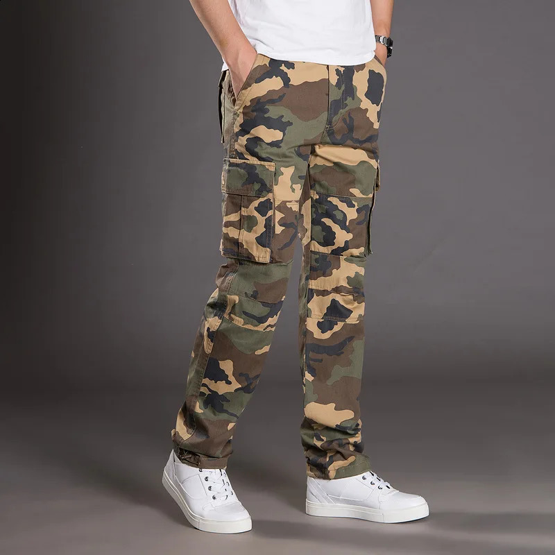 cotton multi flap pocket mens straight leg cargo pants loose casual outdoor hiking tactical work 250317