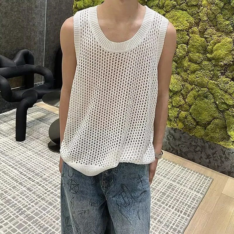 Summer hollow mesh knitted mens vest thin sports street fashion casual sleeveless O-neck oversized T-shirt top daily black and white 250318