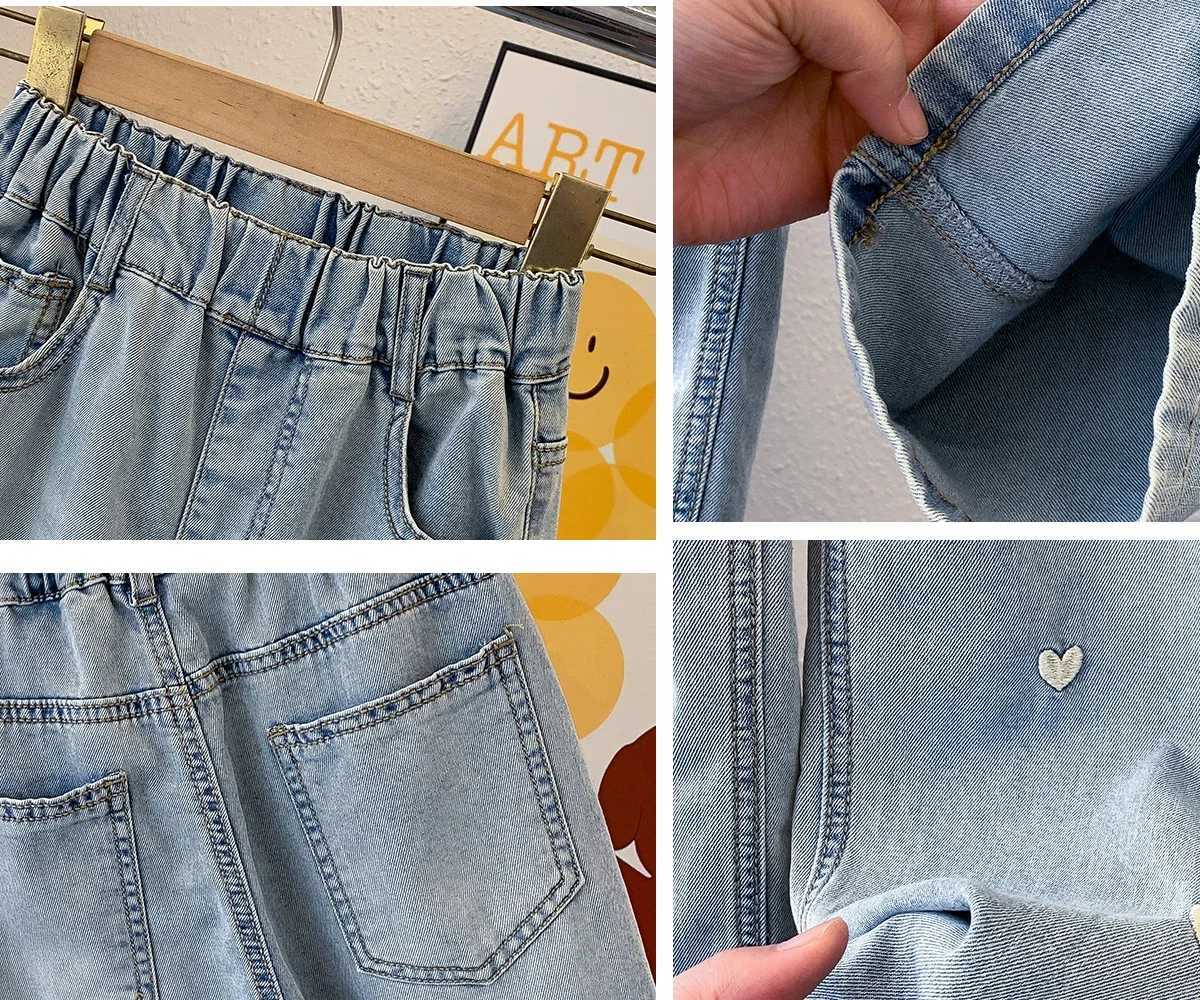 Summer Girls Middle School Fashion Loose Solid Color Small Love Jeans Casual Pants Wide Leg Pants 4-10 Years OldT250326
