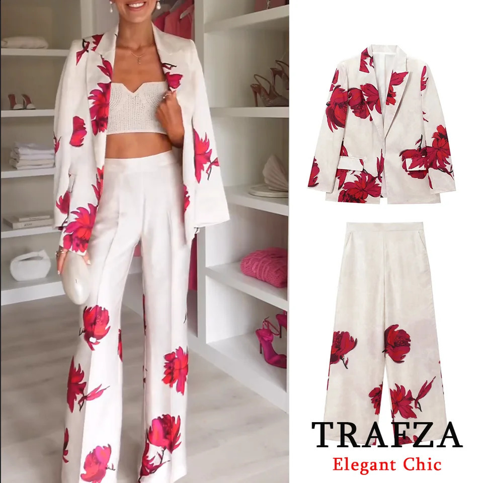 TRAFZA Casual Printed Jacket Set Womens Collar Jacket with Pants Spring/Summer Dinner Date Office Party Jacket Set 250317
