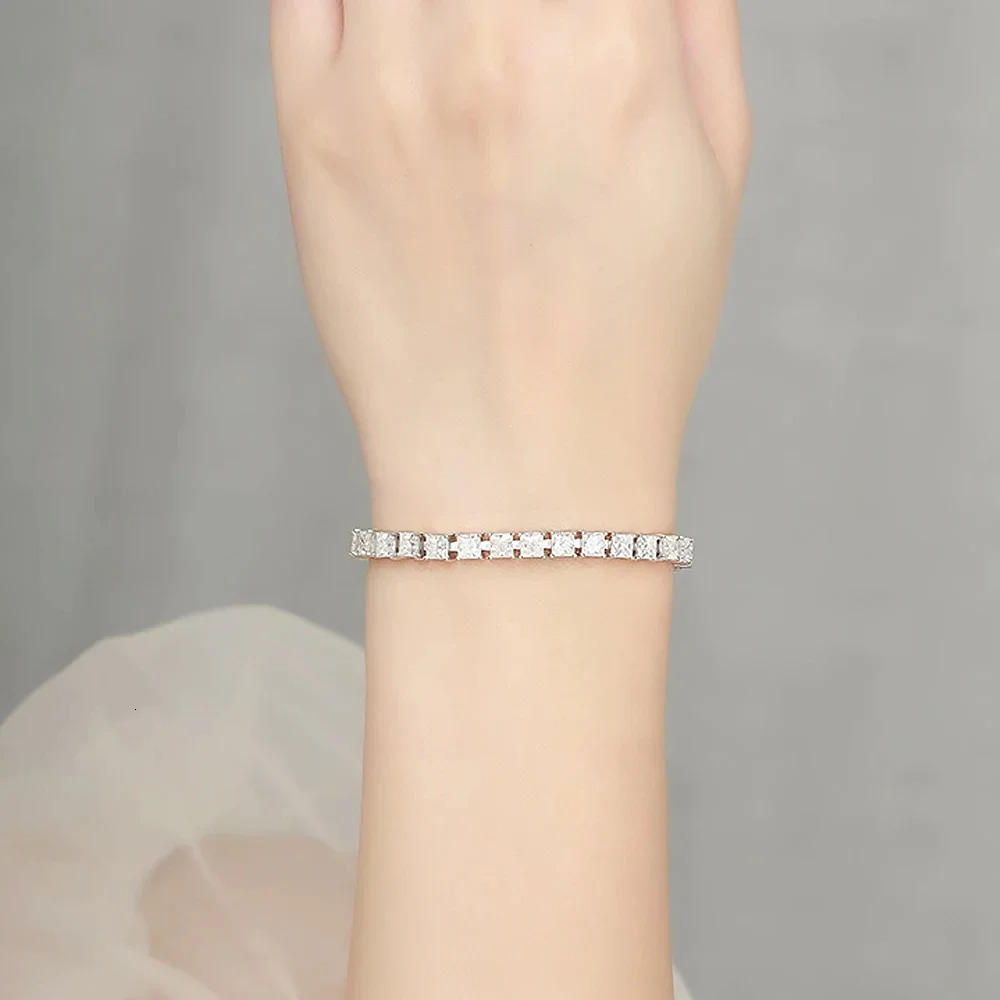 FEOBUR S925 Sterling Silver 4mm Princess Cut Moissanite Tennis Bracelets with Certificates Diamond Bangle for Women GRA Jewelry
