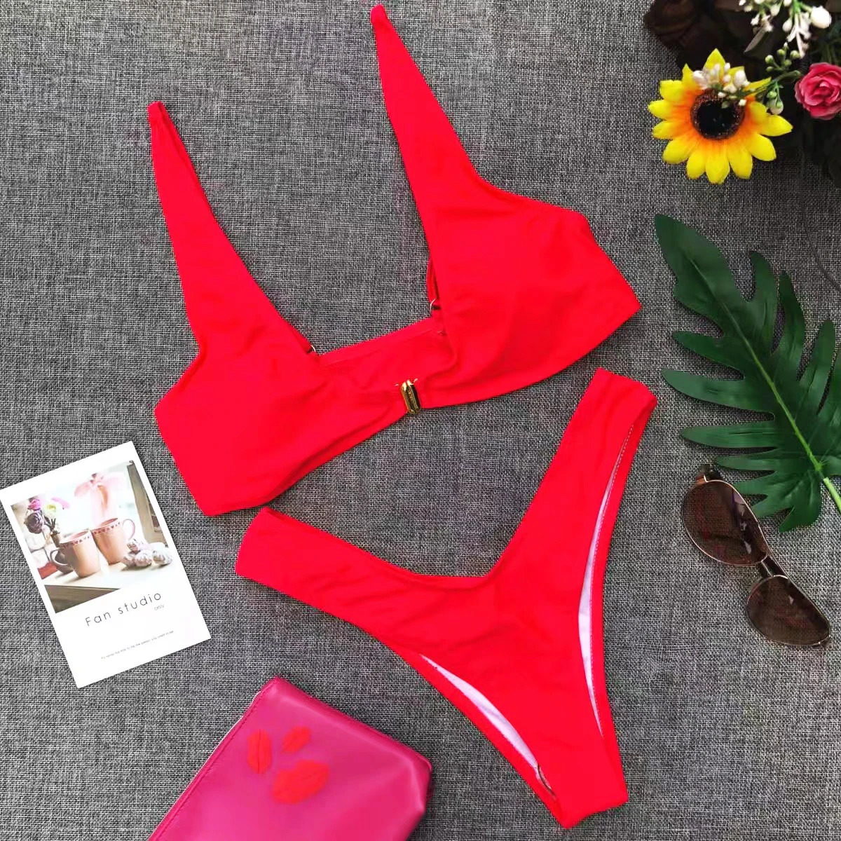 Sexy V-Neck Ribbed Bikini High Waist Swimsuit Women Solid Push Up Swimwear Female Bathing Suit Bikini Set Beachwear 250319