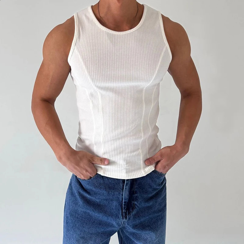Sports and fitness ultrathin sleeveless vest mens fashionable solid color pleated summer casual elastic 250319