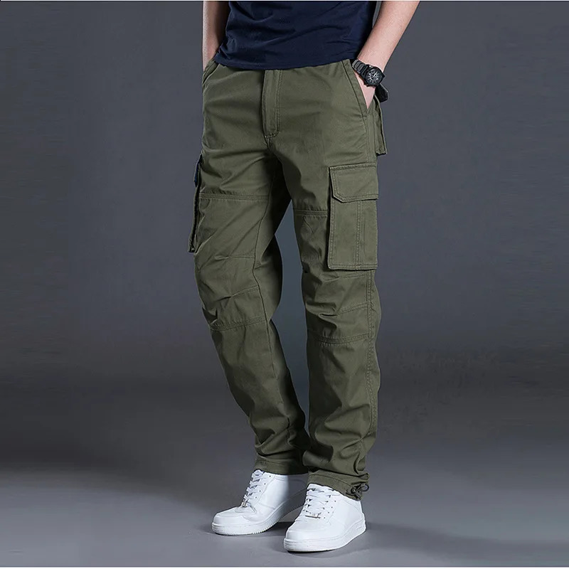 cotton multi flap pocket mens straight leg cargo pants loose casual outdoor hiking tactical work 250317