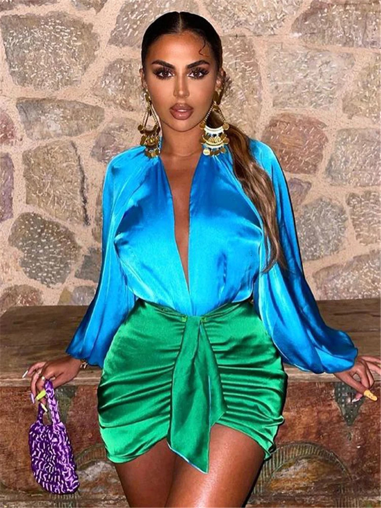 Articat Sexy Deep V-neck Satin Two Piece Set Women Long Sleeve Top Short Skirt Sets Matching Casual Partywear Winter Women Set 250320