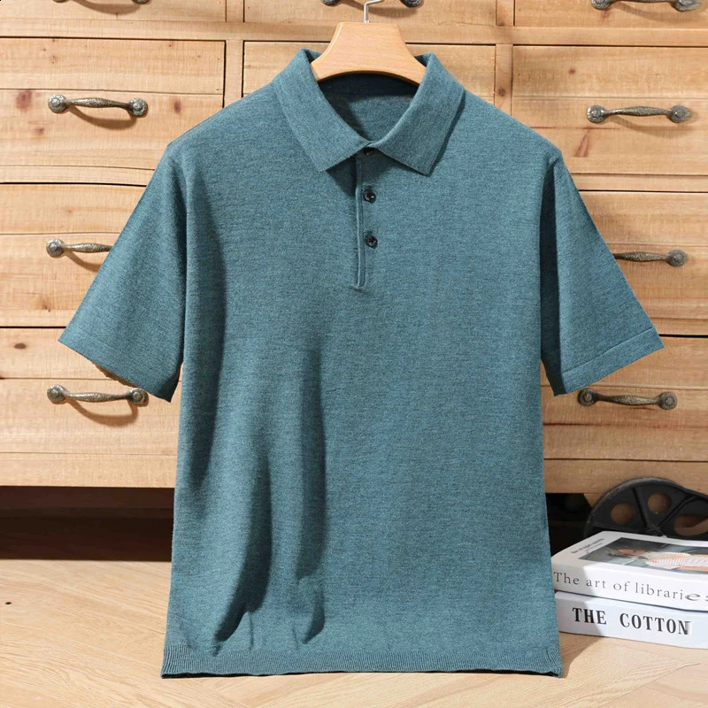 Mens Short Sleeved Polo Collar T-Shirt Wool Silk Tees Pullover Knitted Shirt Casual Tops Monochromatic Spring Summer 250317