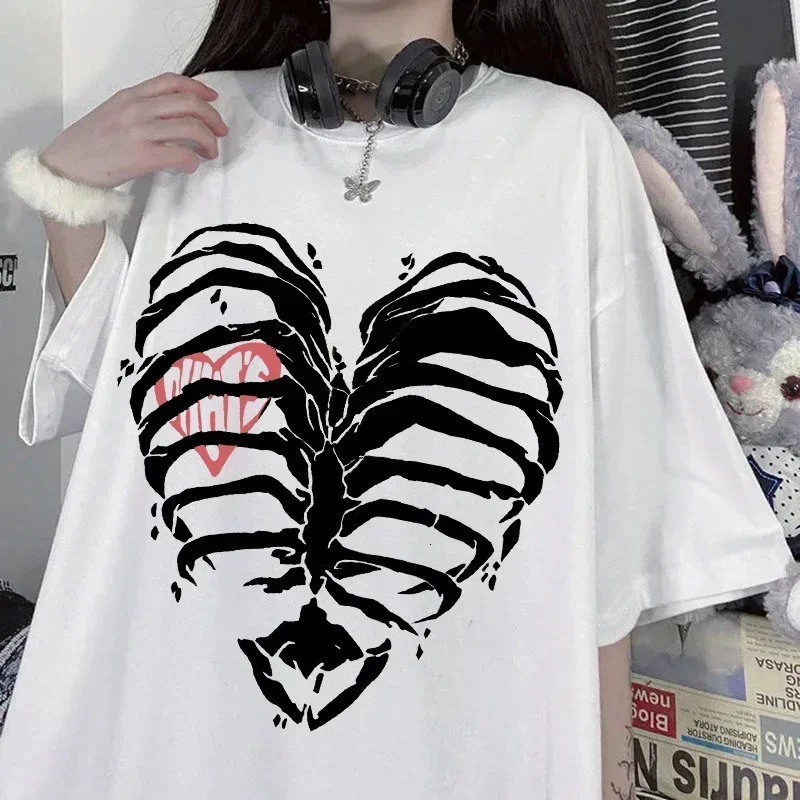 Womens T-shirt Harajuku Y2K Top Harajuku Retro Korean Style Black Demon Punk Gothic Anime Print Slim Fit Thin T-Shirt Clothes 250320