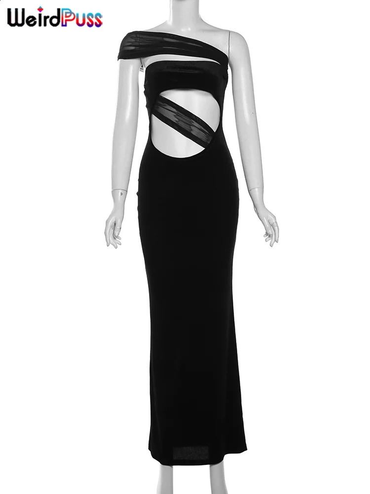 Weird Puss Diagonal Collar Sexy Dress Women Y2K Summer Trend Hollow Mesh Patchwork Birthday Party Maxi Bodycon Midnight Clubwear 250319