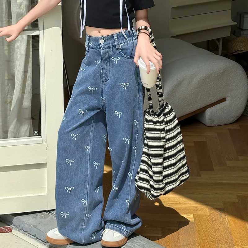 2024 Summer Casual Style Jeans Spring Big Kids Straight Trousers For 4-16Y Girl Teenage Clothes Bow Print Denim Wide Leg PantsT250326