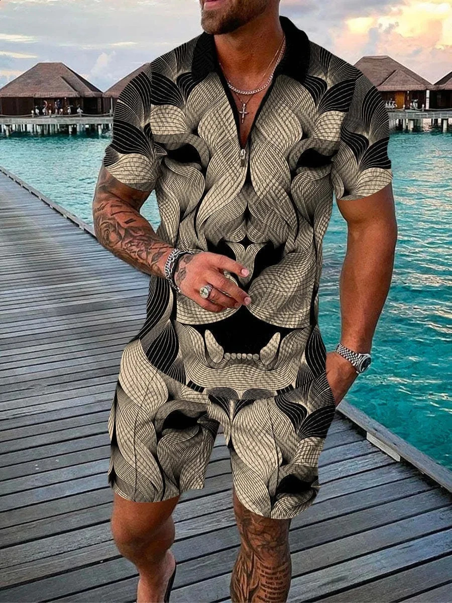 Abstract Pattern 3D Printed Polo Shirt 2-piece Zipper Collar Polo Set Zipper NecklaceShorts Hawaiian Holiday Style Mens Wear 250318