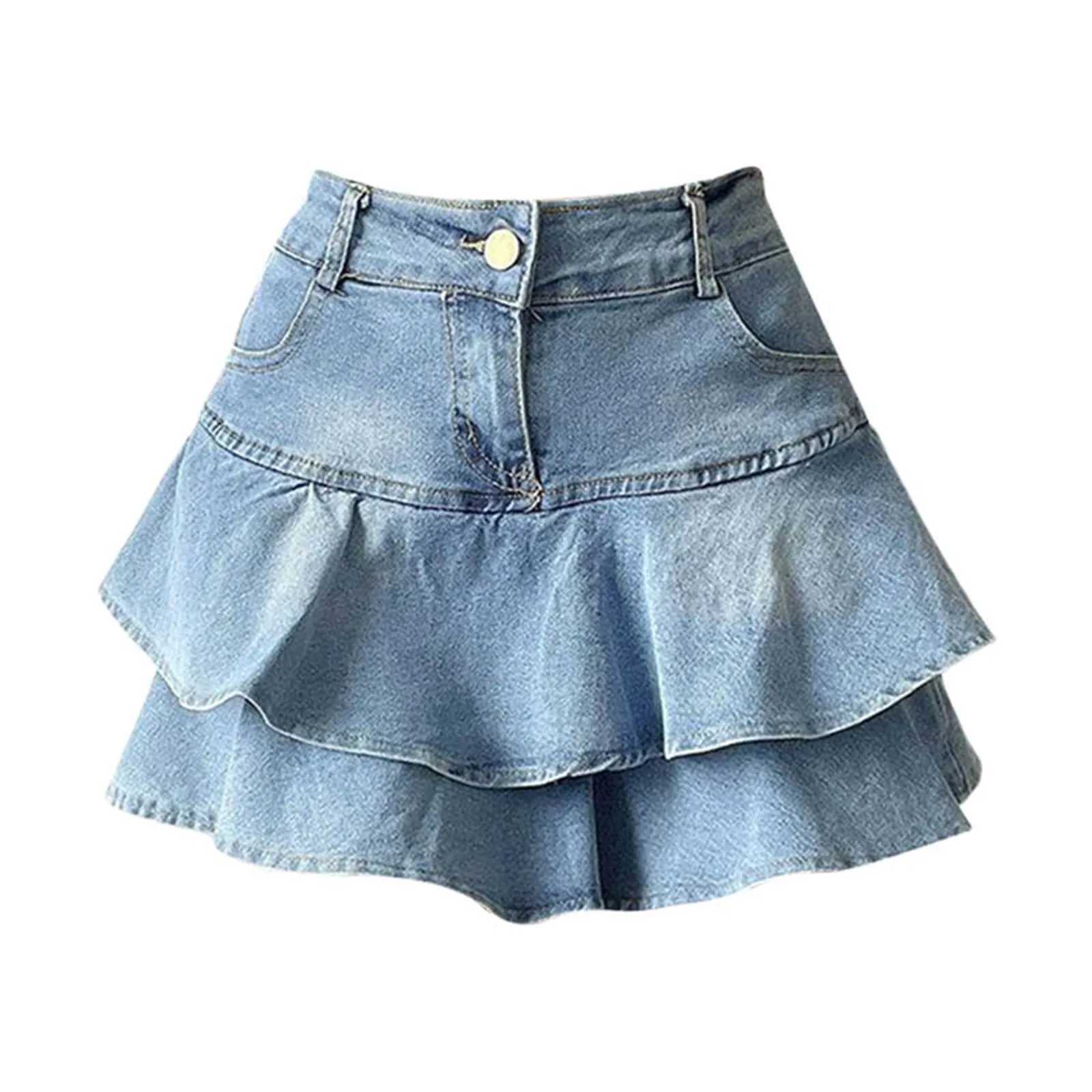 Hot girl pleated denim leather with buttons womens retro high waisted slim fit double-layer short Ce leatherXJ250320