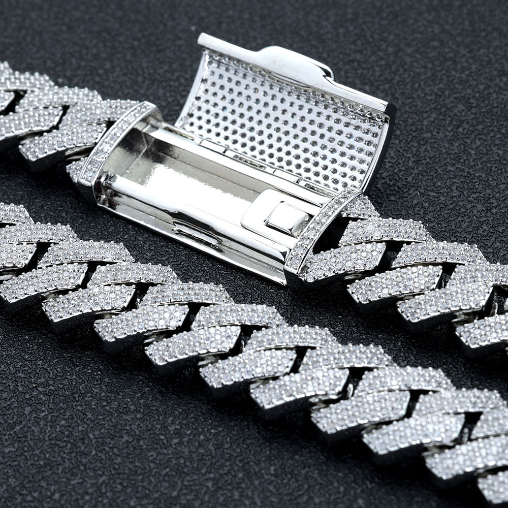 Hip Hop Jewelry Iced Out 5A CZ Diamond Cuban Necklace 16MM 3 Rows Prong Setting Cuban Link Chain Long Buckle Necklace Men
