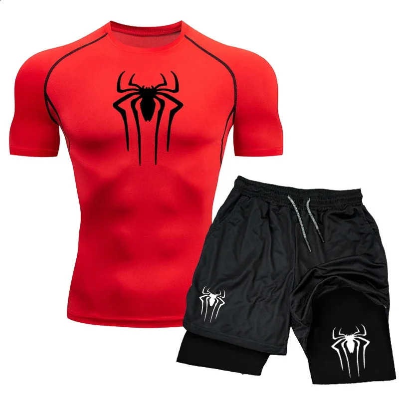 Compression Set Spider Print Sportwear for Men Quick Dry GYM ShortsShirt 2PCS Quick Dry Short Sleeve Trainning Sport Suit 250319
