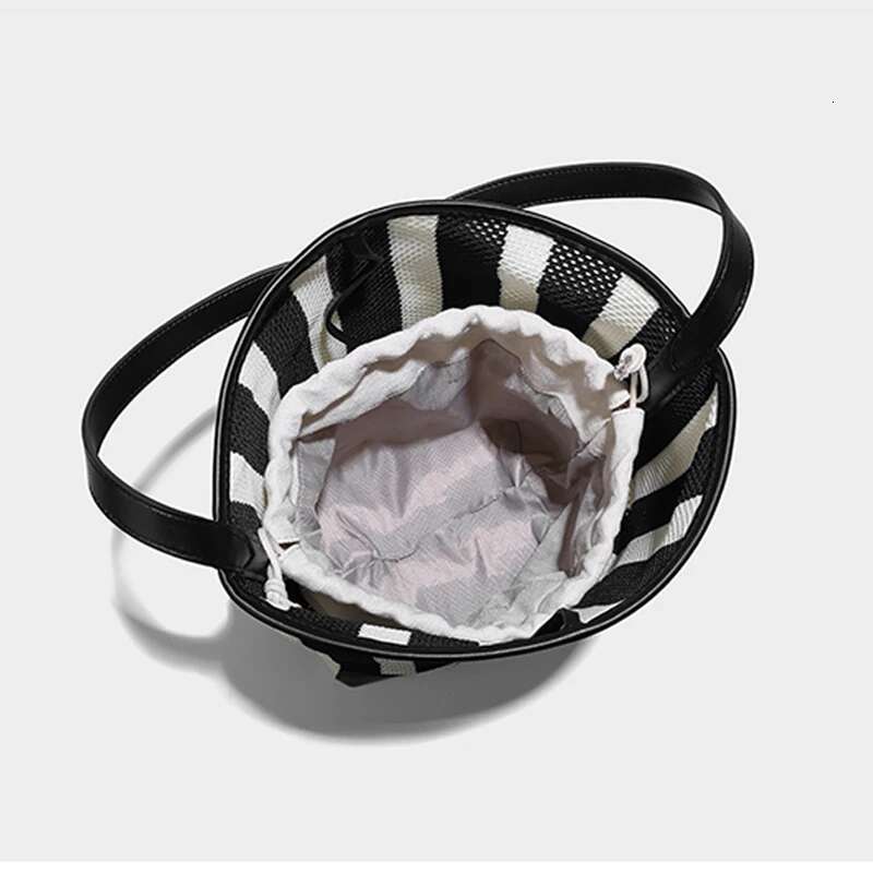 Striped Bucket Bags For Women Designer Handbags And Purses New In Fashion Hollow Out Weave Large Capacity Shoulder
