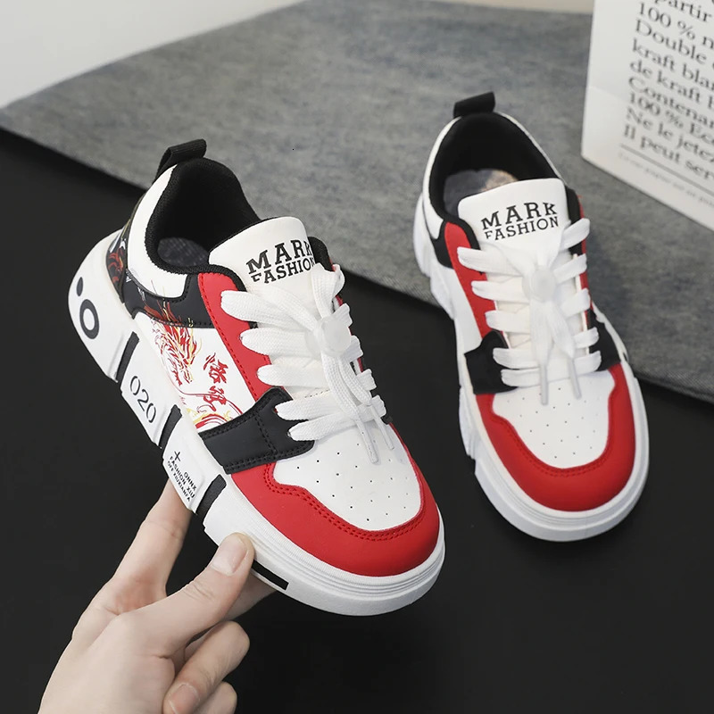 Trendy Kids Casual Sneakers Fashion Teens Leisure Walking Shoes Boys Red Skateboard Shoes Comfortable Children Sports Tennis 250320