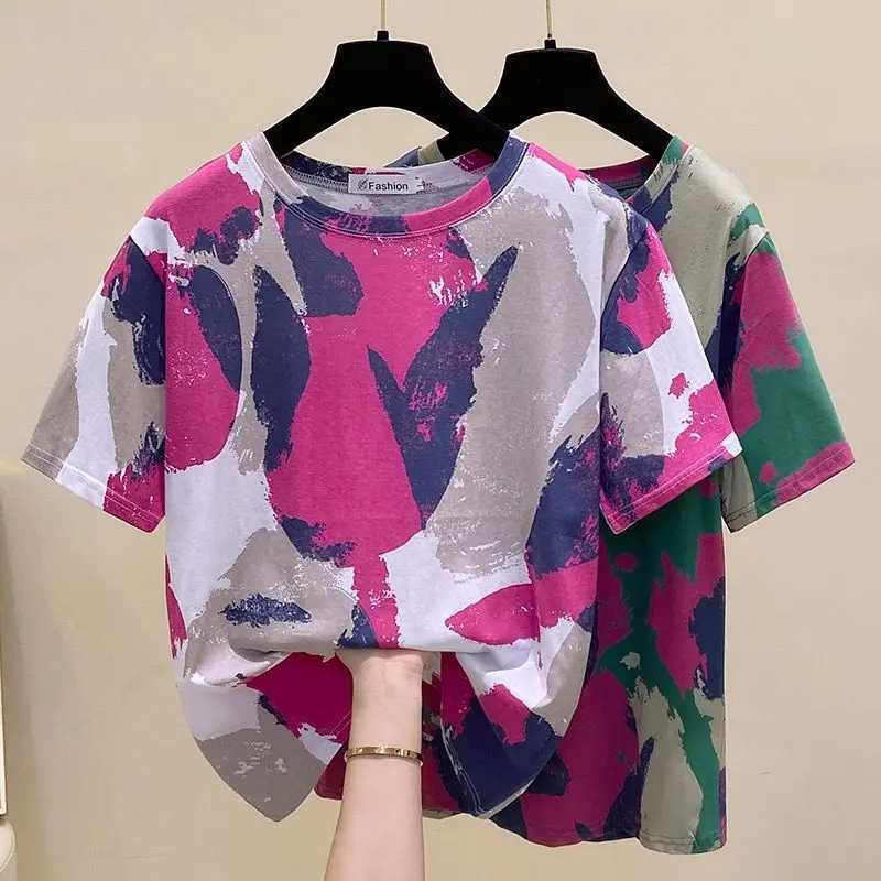 Tie Dye Printing Vintage O-Neck Pullover Short Sleeve T-Shirt Womens Blouse Shirt Korean Fashion Female Clothing Tops 2024T250319