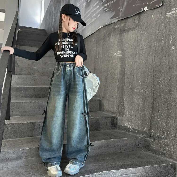 Girl Spring Autumn Side Stripe Bow Design Jeans Childrens Loose Straight Wide Leg Denim Trouser Teen Laundry 4-15YT250326