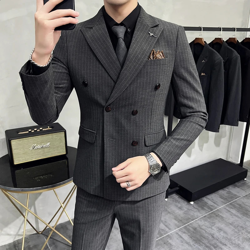 High quality striped set with double chest setvestmens fashionable solid color slim fit Korean style fashion three piece 250311