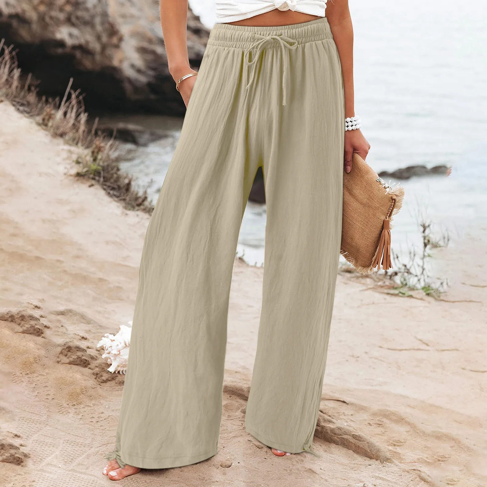 Womens Pant Cotton Linen Pants Drawstring Waist Wide Leg Loose Trousers with Pockets 250320
