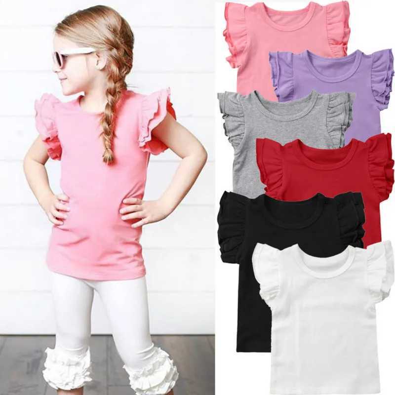 0-6 year old childrens T-shirt baby girl pleated short sleeved summer solid casual childrens shirt top childrens clothingT250320