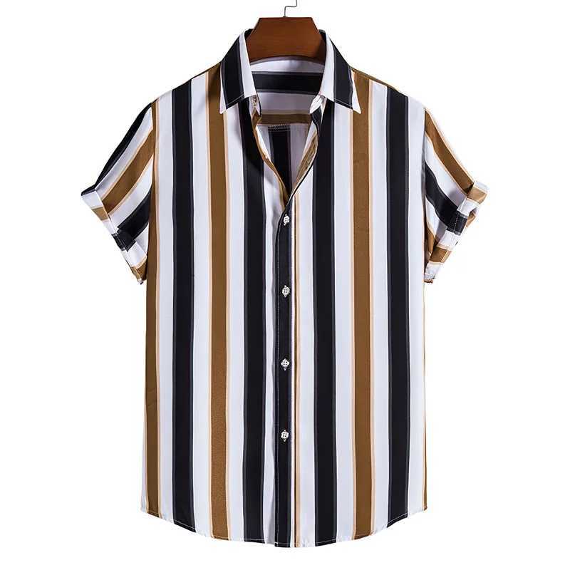 Mens Hawaiian summer shirt with striped print short sleeved shirt collar button up mens streetwear fashionable casual social top M250320