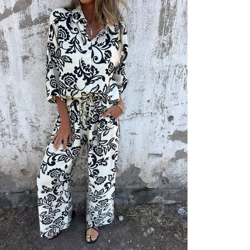 New Casual Women's Printed Two-Piece Shirt And Pants Set For Women