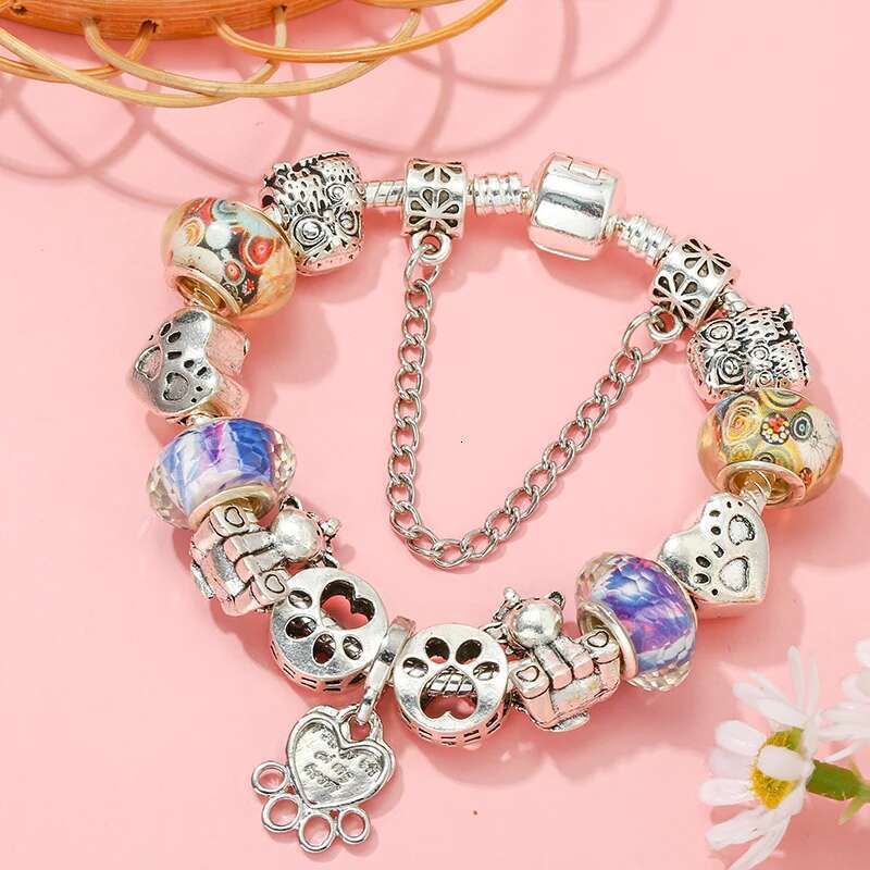 Silver Color Unicorn Beads Charm Bracelet With Dog Paw Pendant Bracelets For Women Men Girls Jewelry Gift Dropshipping Wholesale