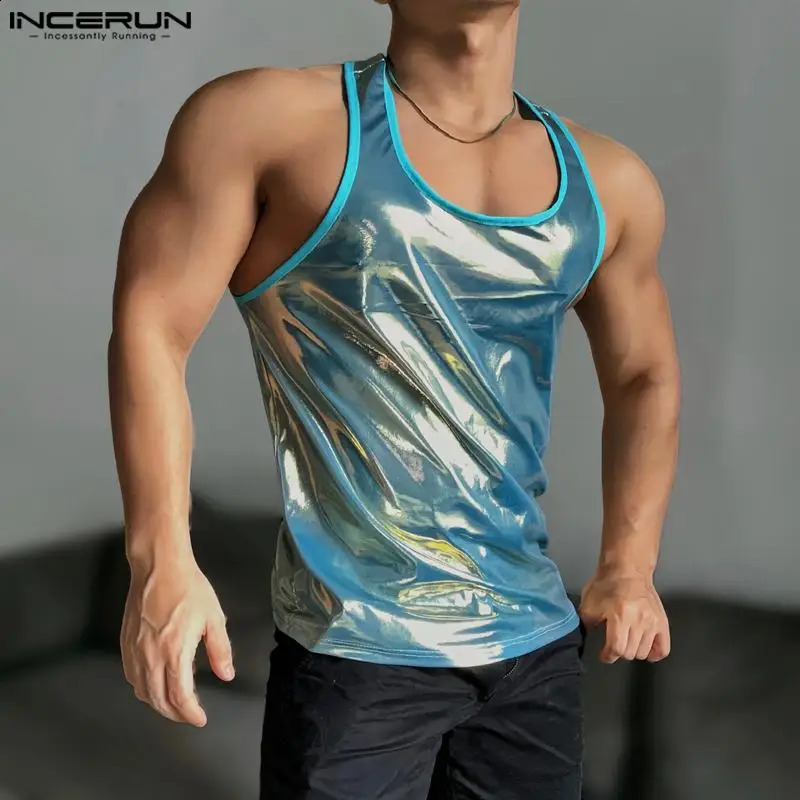 2024 Mens Tank Top Shining Solid Oneck Sleeveless Street Clothing Casual Summer Party Fashion S5XL INCERUN 250319